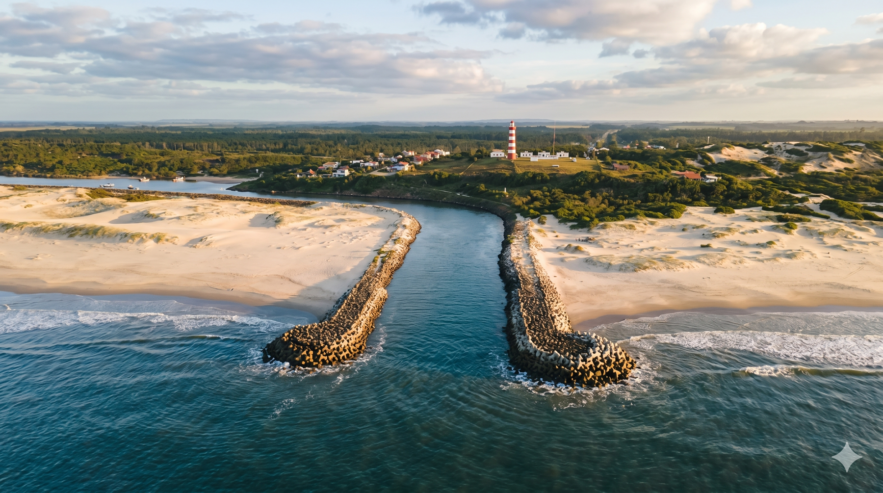 Vista aérea de la costa de Barra do Chuí con salida al océano