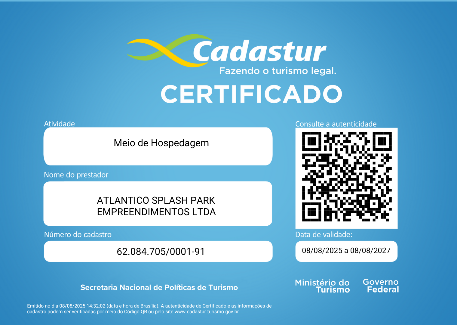 Certificado Cadastur - Atlântico Splash Park