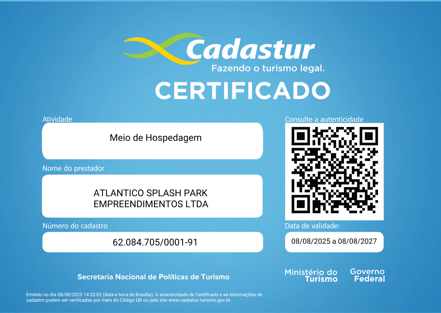 Certificado Cadastur - Atlântico Splash Park